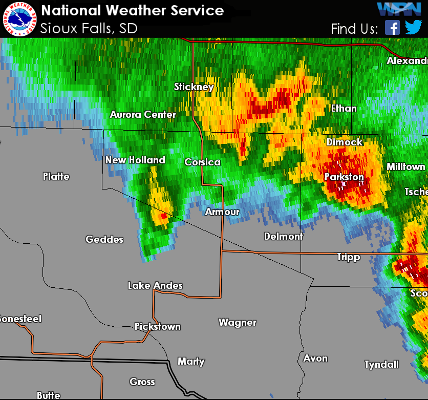 Radar Image from 8:31 AM CDT as damaging winds move through Parkston, SD.