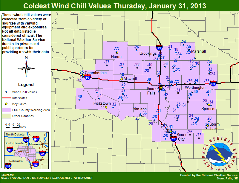 Coldest Wind Chill Values Thursday, January 31, 2013