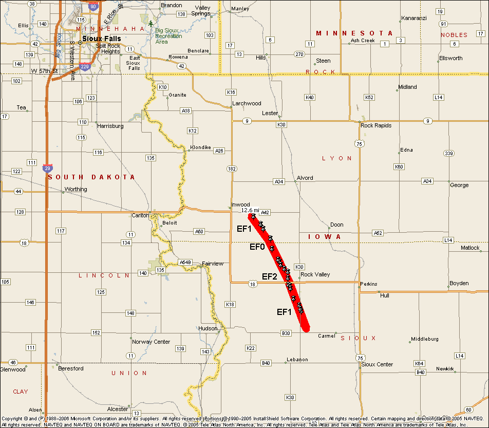 Overview of the path of the Rock Valley and Inwood tornado from May 1, 2008