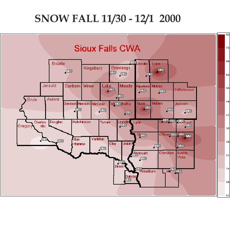 24 Hour Snow Fall for November 30-December 1, 2000 (Text Data Below Map)