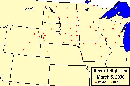 Map showing locations of record high temperatures on March 5, 2000