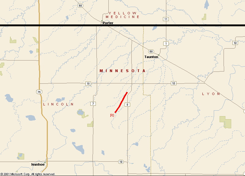 Map of 24 June 2003 Tornado Track - Lincoln County, MN