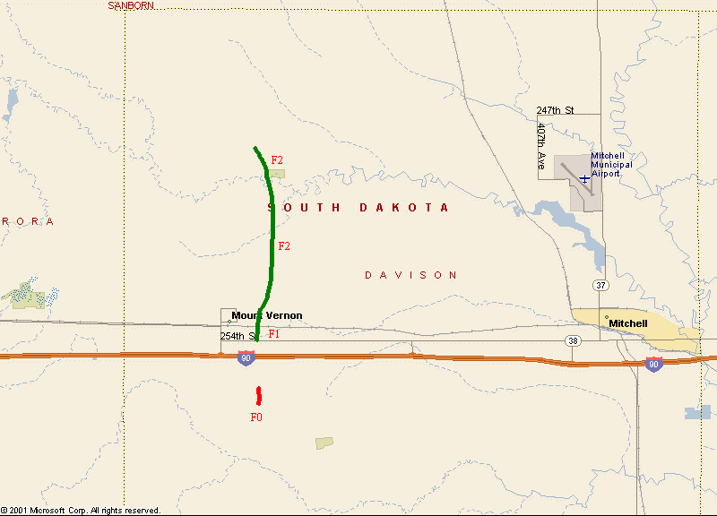 Map of 24 June 2003 Tornado Tracks - Mount Vernon, SD