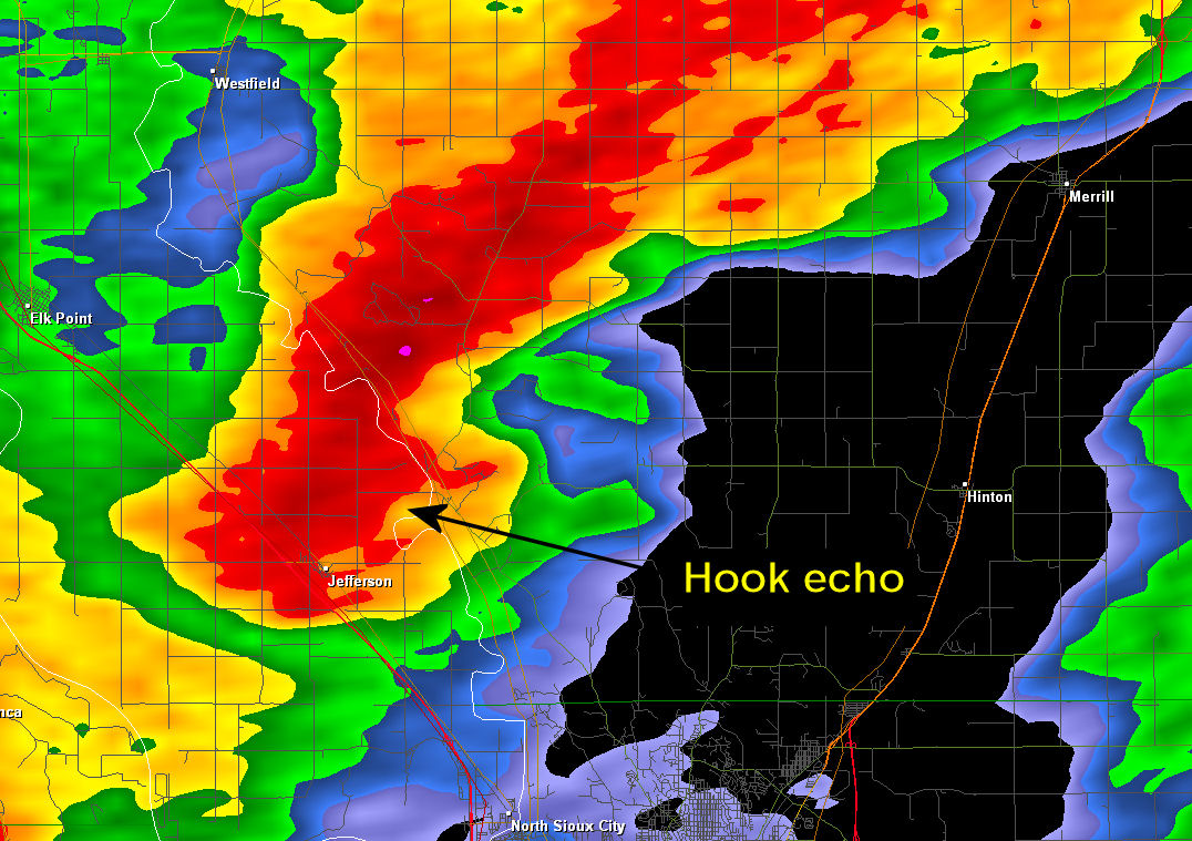 Radar image of the tornado-producing supercell near Jefferson, SD at 6:37 pm CDT, October 4, 2013.
