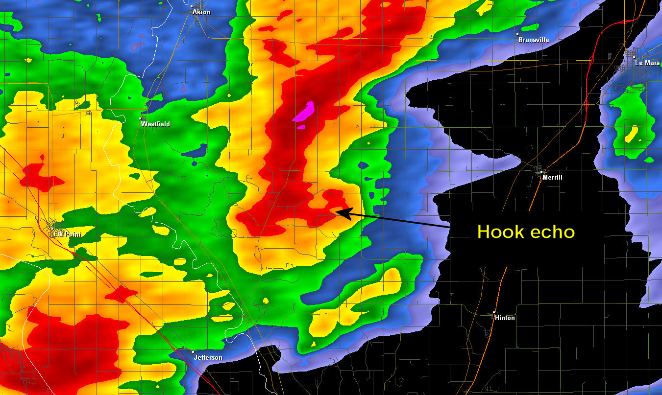 Radar image of tornadic supercell  from 6:50 pm CDT, October 4, 2013.