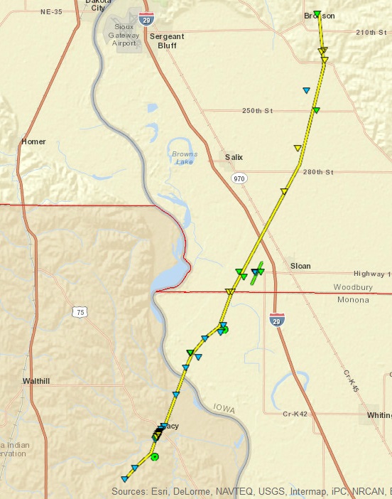 Map showing the path of the Macy, NE tornado