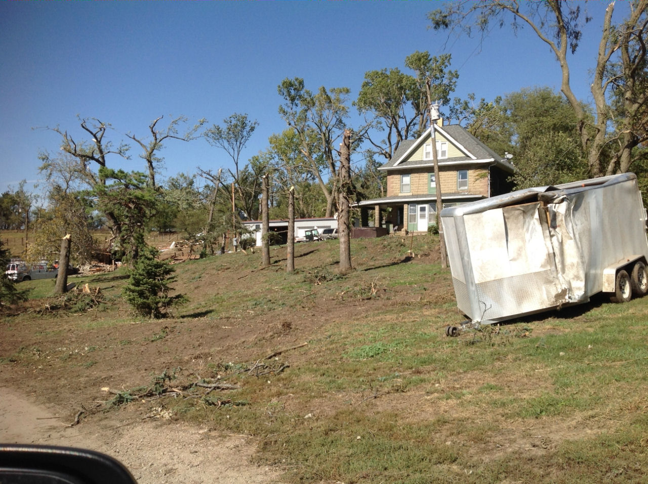 Photo of damage to farm in southwestern Plymouth County, Iowa.