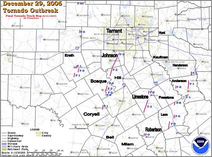 Tornado Track Map from the December 29th, 2006 Tornado Outbreak Across North Texas. The track map shows several F-0 to F-2 tornado paths. 