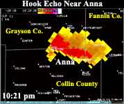 Hook Echo from Ft. Worth Radar - Hook is near Anna in Collin County.