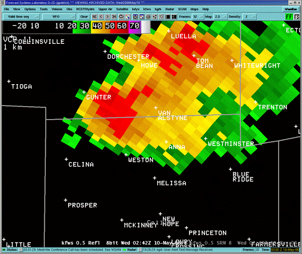 Radar loop showing the storm that produced at least one tornado in Collin County on the 9th of May, 2006.