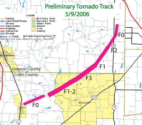 Collin and Grayson County Tornado Track Map.