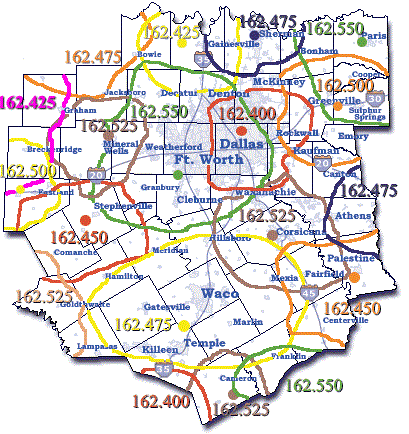 A North Texas county map that shows weather radio coverage areas and frequencies.