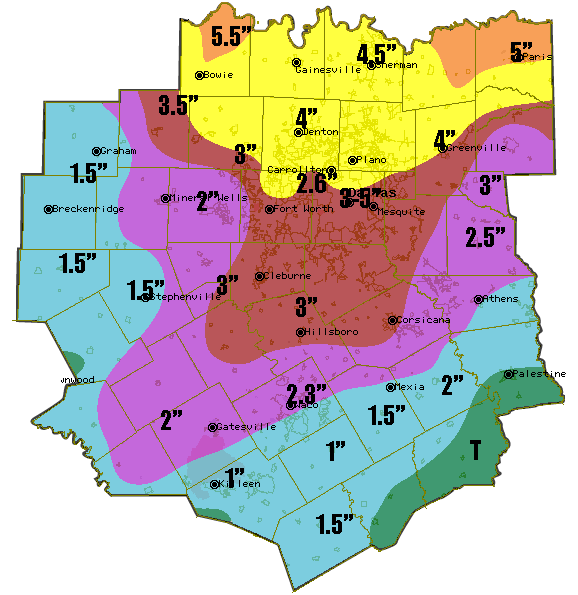 North Texas County Map showing snowfall from the Winter Storm that swept across North Texas Februaryr 14th, 2004. The map shows the highest amounts, 5 or more inches, fell across a few of the Red River counties. Two to four inches of snow fell across most of the region, while amounts were genarlly less than 2 inches across the southeast quarter of North Texas.