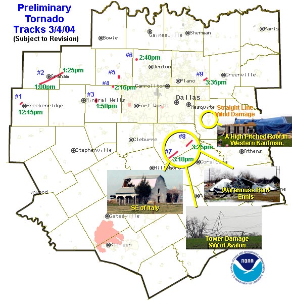 North Texas County Map Showing Tracks of Tornadoes Across The Region on March 4, 2004. Eight tracks are indicated, with the most damaging tornadoes across Ellis County.