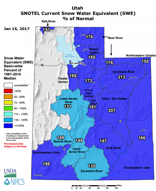 Utah snowpack as of January 15, 2017
