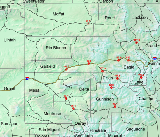 Map of CDOT AM/FM Radio rebroadcast sites for NOAA All Hazards Radios