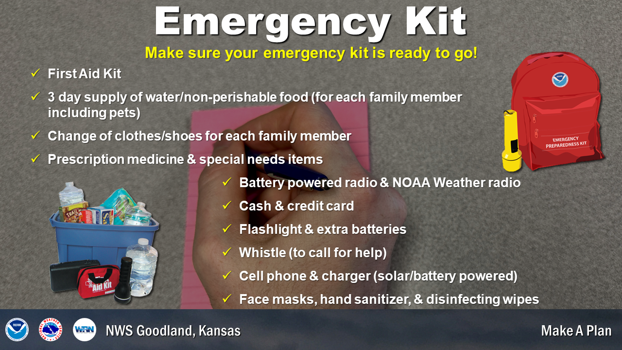 Your emergency kit should include first aid supplies, food and water, any necessary medication, cash/credit card, flashlights and any important documents.