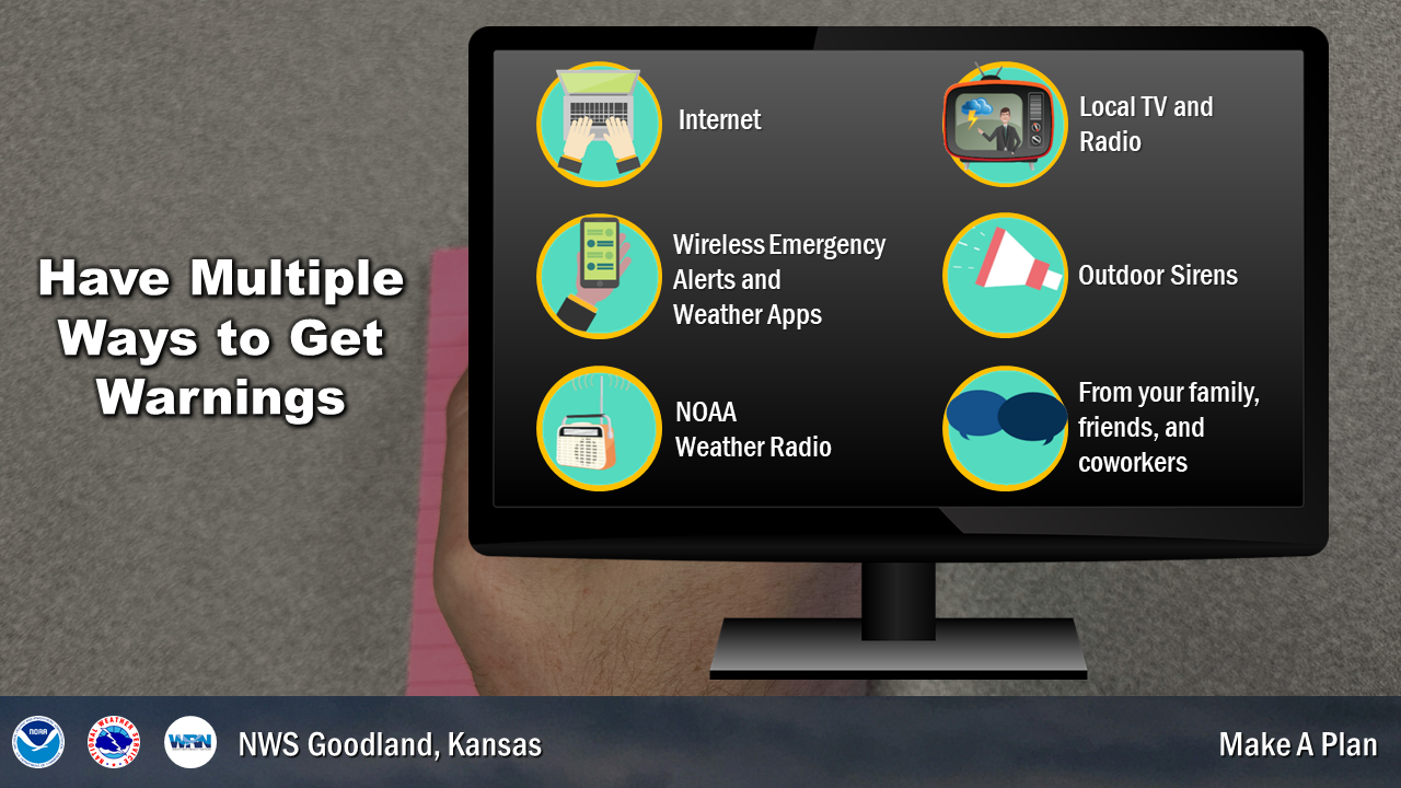 There are multiple ways to get warnings such as through the internet, local tv/radio, Wireless Emergency Alerts, Weather Apps, Outdoor Sirens and from people around you.