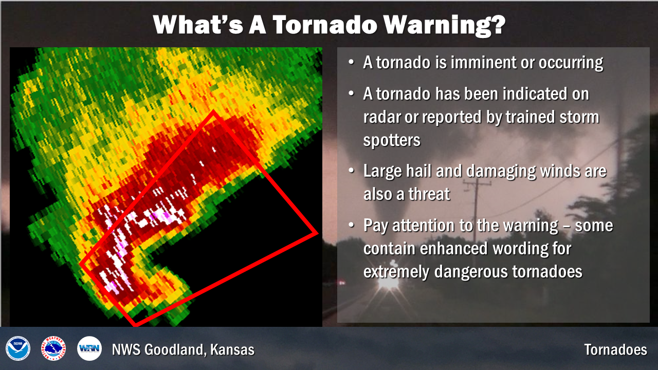 A tornado warning is issued when a tornado has been indicated on radar or reported by a trained spotter. All warnings are serious but there may be enhanced warning for extremely dangerous tornadoes.