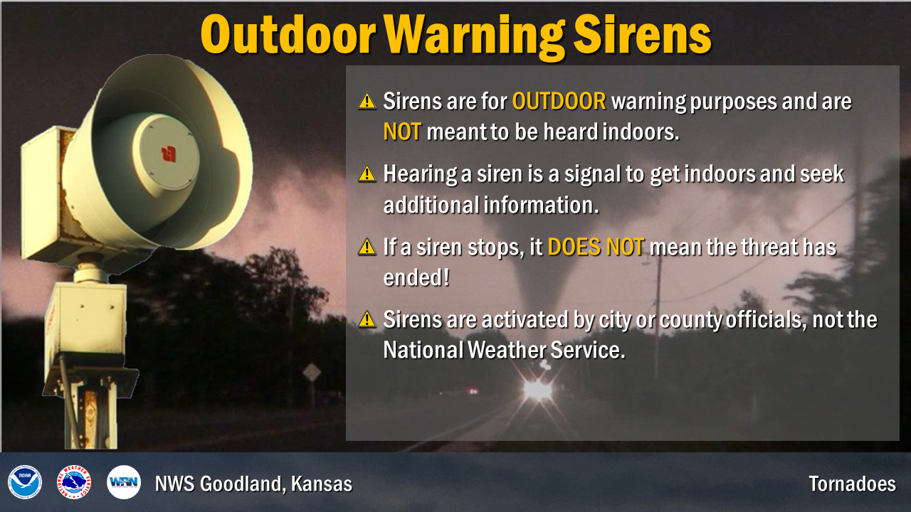 Warning sirens are meant to be warn people outdoors, not indoors. The sirens may also stop before the threat does, always seek additional information. Finally the National Weather Service does not control the sirens, local official activate them.