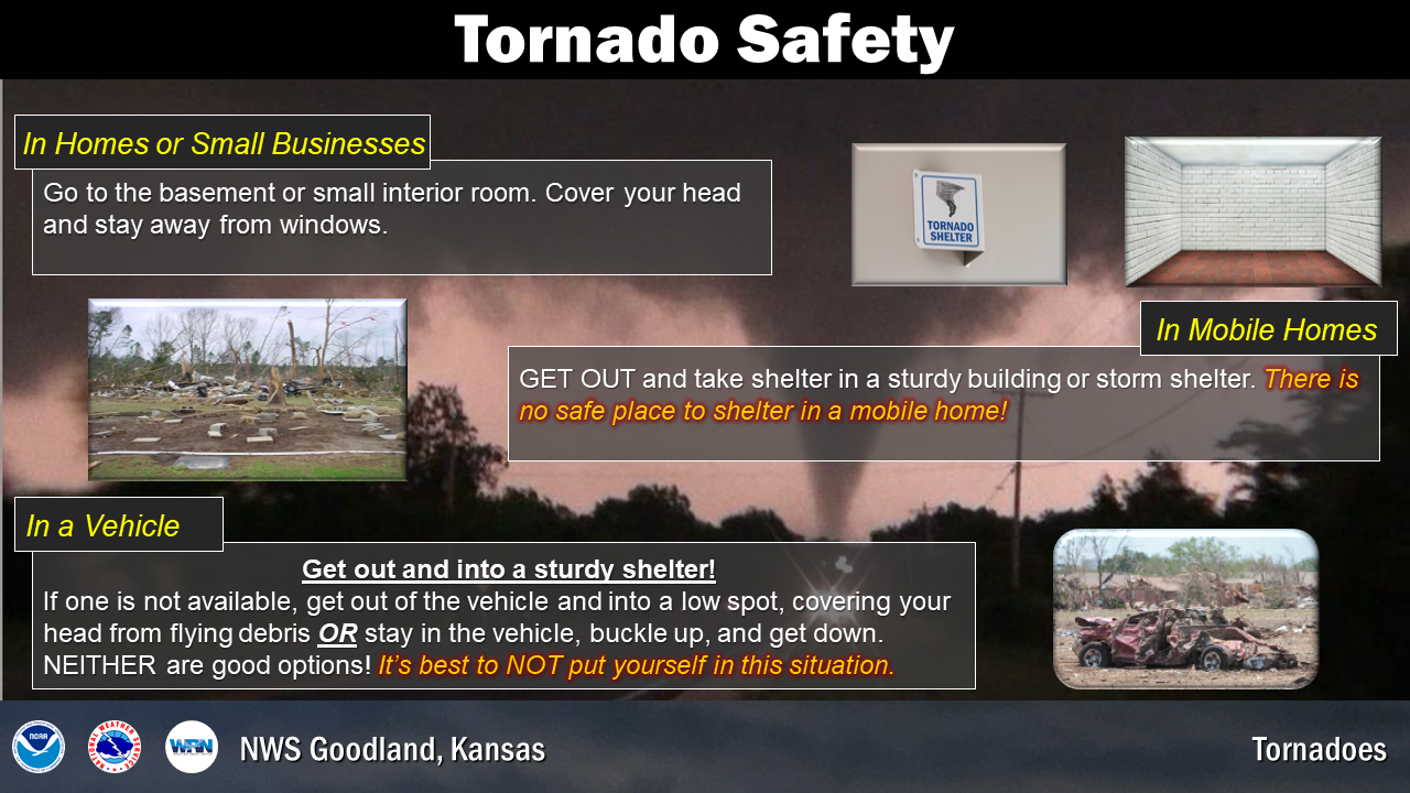 Vehicles and mobile homes offer little to no protection from tornadoes. Your best bet will be in a inner room of a sturdy structure.