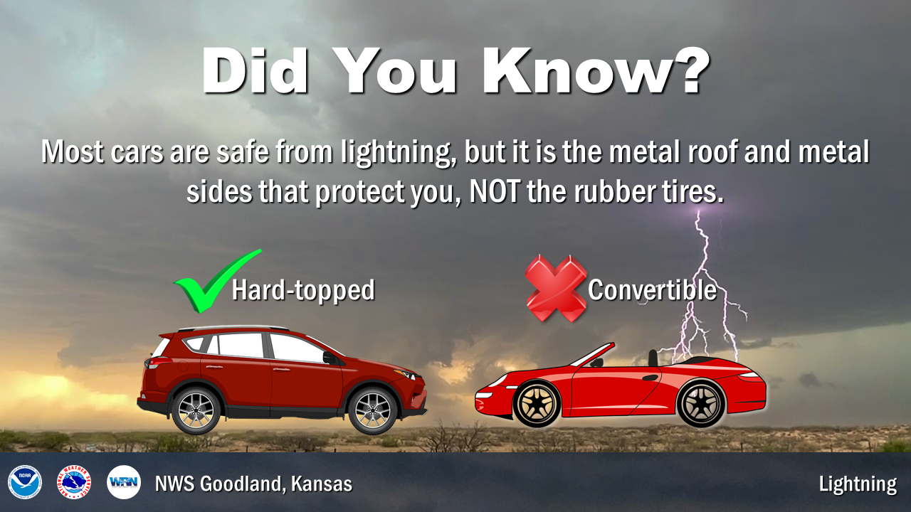 Most cars are safe from lightning if they are metal and hard topped. The rubber tires are not the part protecting you from lightning.