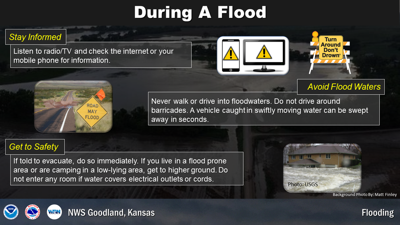 During a flood, stay informed with weather information, avoid flood waters and evacuate or get to higher ground if needed.