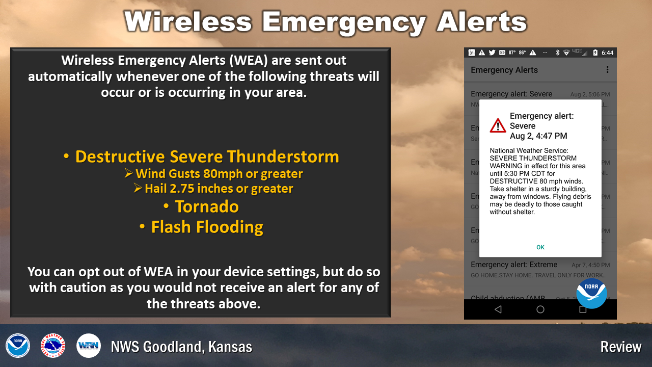 Wireless Emergency Alerts are issued for very dangerous storms. Specifically for tornadoes, flash flooding, hail over 2.75 inches and wind gusts over 80 mph.