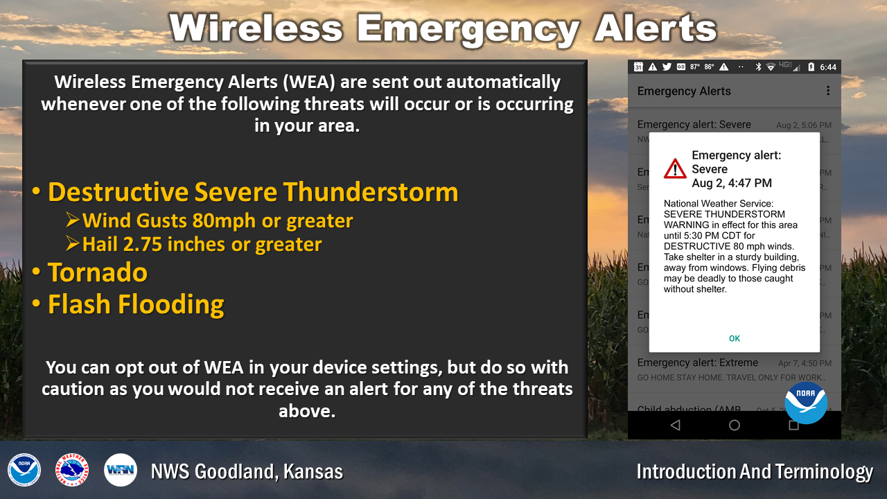 Wireless Emergency Alerts are issued for very dangerous storms. Specifically for tornadoes, flash flooding, hail over 2.75 inches and wind gusts over 80 mph.