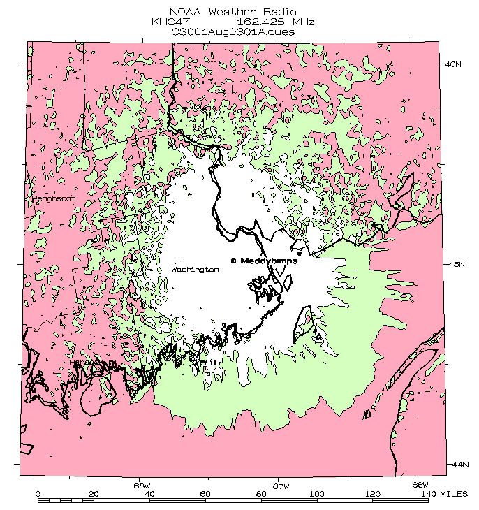 Detailed map of projected signal coverage of radio station KHC47