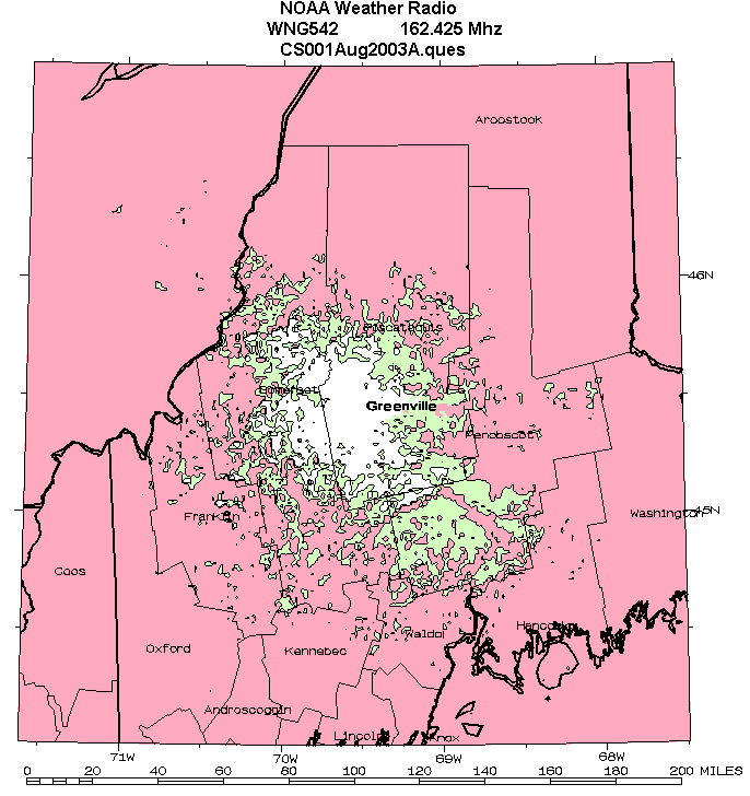 Detailed map of projected signal coverage of radio station WNG542