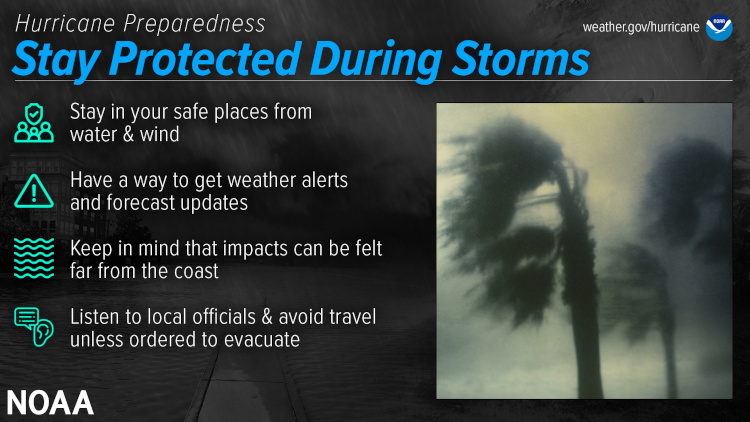 Hurricane Preparedness - Stay Protected During Storms. Stay in your safe places from water and wind. Have a way to get weather alerts and forecast updates. Keep in mind that impacts can be felt far from the coast. Listen to local officials and avoid travel unless ordered to evacuate. (Image credit: NOAA's National Weather Service)