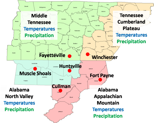 Map of climate divisions in the central Tennessee Valley.  Click on the Temperatures or Precipitation links to see associated graphs for that climate division. 