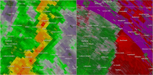 This National Weather Service radar from 12:46pm                        showed strong rotation over northeastern Colbert County between                        Leighton and Rogersville. This was the approximate time the                        tornado was at EF-2 strength. The base reflectivity product                        in the left panel shows rainfall intensity. The storm relative                        velocity product in the right panel shows winds toward (in                        green) and away (in red) from the radar at Columbus Air Force                        Base, MS.