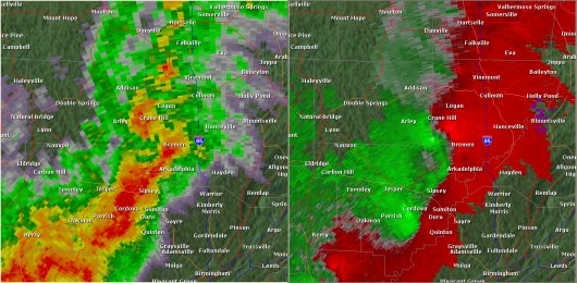 This National Weather Service radar from 2:14pm                        showed strong rotation over western Cullman County just south                        of Crane Hill. This was around the time the second tornado                        touched down. The base reflectivity product in the left panel                        shows rainfall intensity. The storm relative velocity product                        in the right panel shows winds toward (in green) and away                        (in red) from the radar in Shelby County, AL.