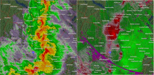 This National Weather Service radar from 2:50pm                        showed strong rotation over northeastern Cullman County between                        Cullman and Baileyton. This was around the time the third tornado touched down. The base reflectivity product                        in the left panel shows rainfall intensity. The storm relative                        velocity product in the right panel shows winds toward (in                        green) and away (in red) from the radar in Hytop, AL.