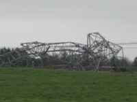 A large metal truss tower was completely toppled by the tornado in southern Jackson County near the Langston community.