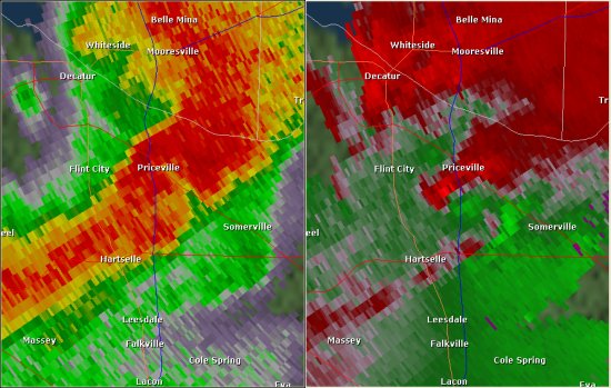 This National Weather Service radar image from 7:01pm shows rotation south of Priceville over I-65. The base reflectivity product in the left panel shows rainfall intensity. The storm relative velocity product in the right panel shows winds toward (in green) and away (in red) from the radar at Hytop.