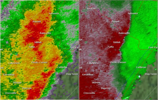 This National Weather Service radar image from 9:03pm shows an area of rotation east of Fyffe near the Guest community. The base reflectivity product in the left panel shows rainfall intensity. The storm relative velocity product in the right panel shows winds toward (in green) and away (in red) from the radar at Hytop.
