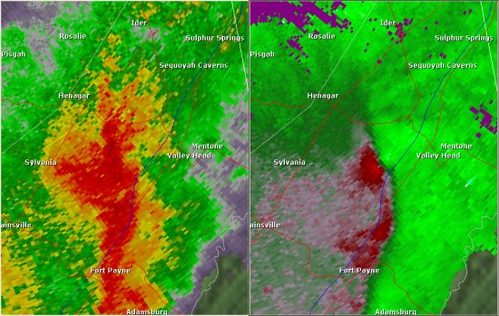 This National Weather Service radar image from 9:17pm shows a velocity couplet west of Hammondville near the eastern extent of Sand Mountain. The base reflectivity product in the left panel shows rainfall intensity. The storm relative velocity product in the right panel shows winds toward (in green) and away (in red) from the radar at Hytop.
