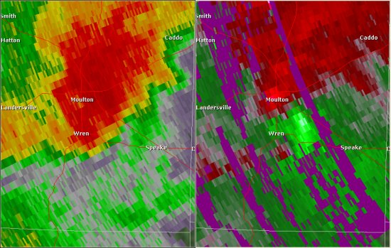 This National Weather Service radar image from 6:23pm shows an area of strong rotation just southeast of Moulton. The base reflectivity product in the left panel shows rainfall intensity. The storm relative velocity product in the right panel shows winds toward (in green) and away (in red) from the radar at Hytop.