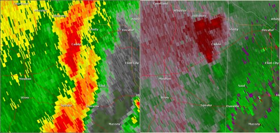 This National Weather Service radar image from 8:24am shows rotation in eastern Lawrence County south of the Midway-Caddo area. This radar image shows the storm shortly before the tornado touched down. The base reflectivity product in the left panel shows rainfall intensity. The storm relative velocity product in the right panel shows winds toward (in green) and away (in red) from the radar at Hytop, AL.