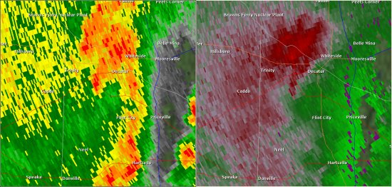 This National Weather Service radar image from 8:38am shows rotation in the Decatur area. The base reflectivity product in the left panel shows rainfall intensity. The storm relative velocity product in the right panel shows winds toward (in green) and away (in red) from the radar at Hytop, AL.