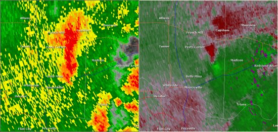 This National Weather Service radar image from 8:57am shows strong rotation in eastern Limestone County approaching the west side of Madison. This radar image shows the storm around the time the tornado touched down. The base reflectivity product in the left panel shows rainfall intensity. The storm relative velocity product in the right panel shows winds toward (in green) and away (in red) from the radar at Hytop, AL.
