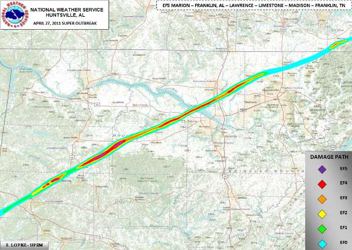 Tornado track with EF scale intensity
