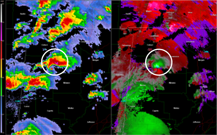 GWX 0.5 degree reflectivity (right) and storm relative velocity (left) loop of the EF-5 tornado track -- 3:15 to 4:33 CDT April 27 2011