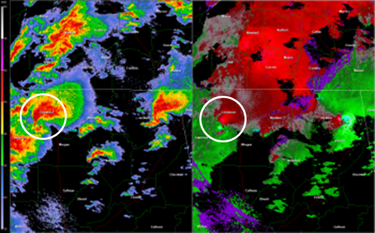 HTX 0.5 degree reflectivity (left) and storm relative velocity (right) loop of the EF-5 tornado track -- 4:16 to 5:11 CDT April 27 2011