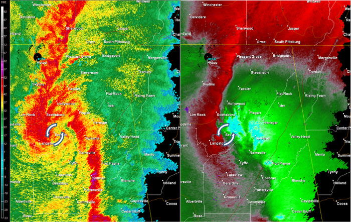 Hytop, AL (HTX) radar image from 7:03 am CDT, showing the area of circulation near the town of Section in Jackson County.  Click on the image to see a radar loop between 6:54 am CDT to 7:41 am CDT. 