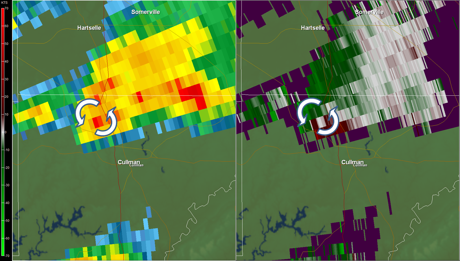 Columbus, MS, Radar (GWX) radar image of the EF-0 tornado.  The imagery on the left is reflectivity, while the imagery on the right is storm-relative velocity.