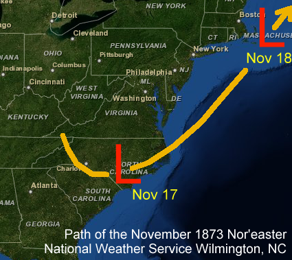 Path of the November 1873 Nor'easter